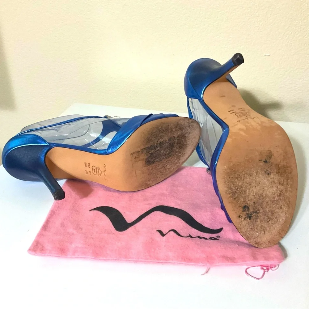 Nina Metallic Embellished Peep Toe Leather Heels Blue 8 1/2
